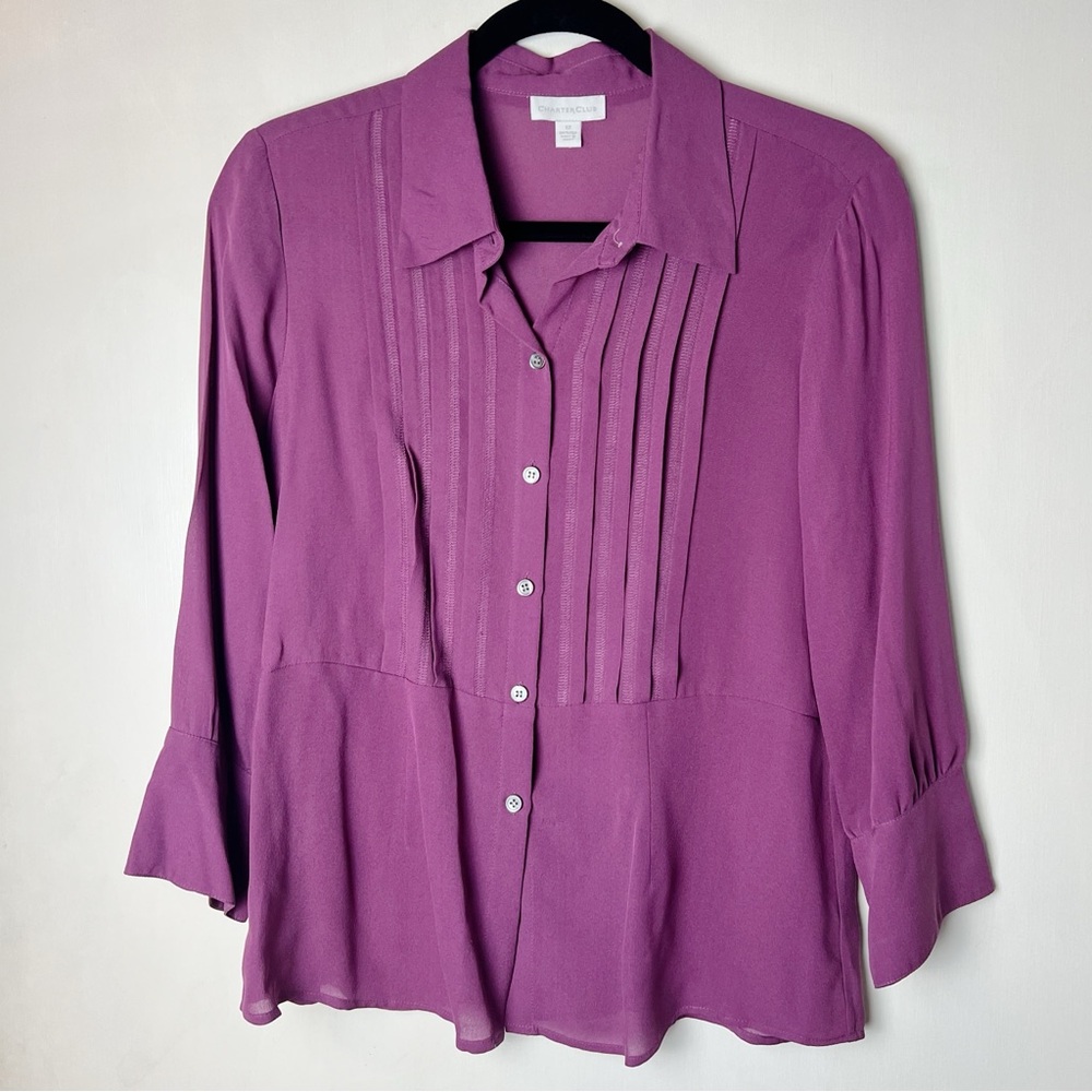Charter Club - Women’s Silk Blouse Purple Pin Tuck Pleats Button Down - Sz. 12